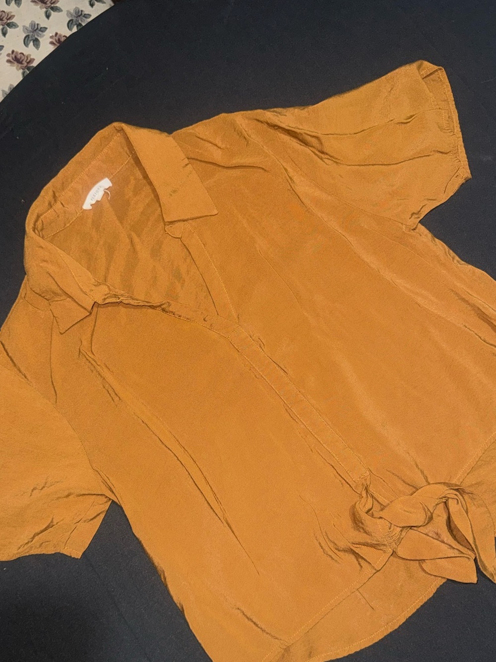 Pleione Mustard Tie-Front Short Sleeve Blouse